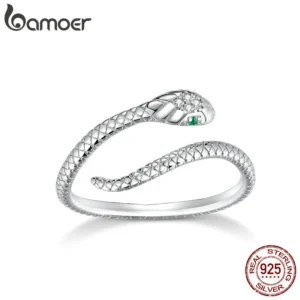 BAMOER 925 Silber Ring – Schlangenmuster & grüner Zirkon, verstellbar