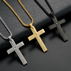 Vaterunser Kette Herren Kreuz Edelstahl Gold Silber Schwarz
