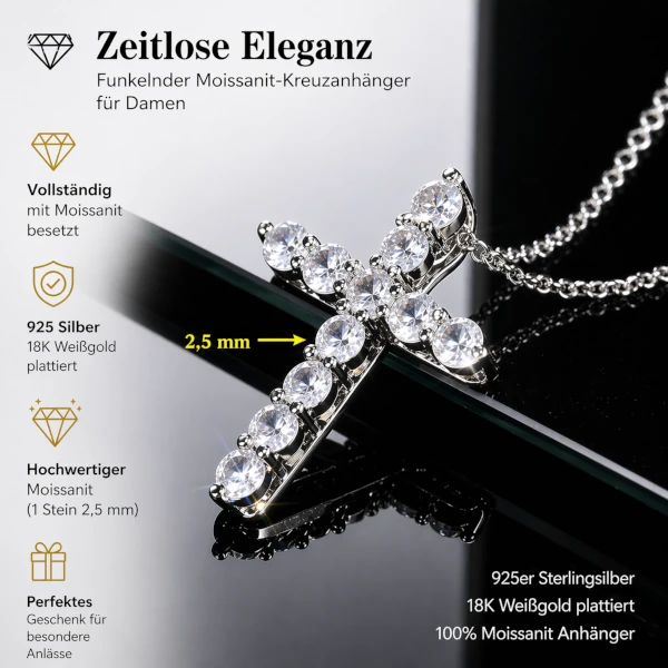 Moissanit Kreuz Kette aus Silber für Damen
