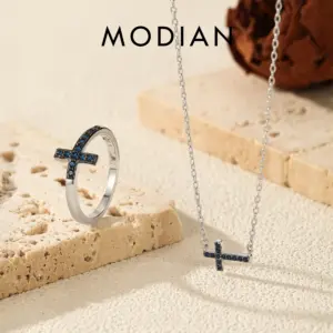Blaues Kreuz Schmuckset Damen – Ring & Kette aus 925 Silber