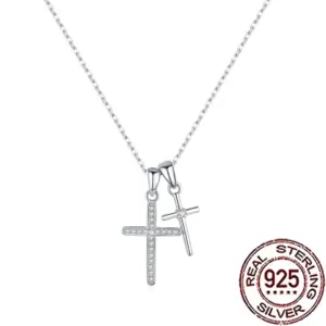 Doppelkreuz Halskette Damen Zirkonia filigran -Silber