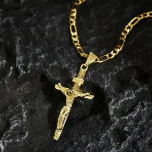 Jesus Christus Kreuzkette Gold Edelstahl – katholischer Anhänger Unisex