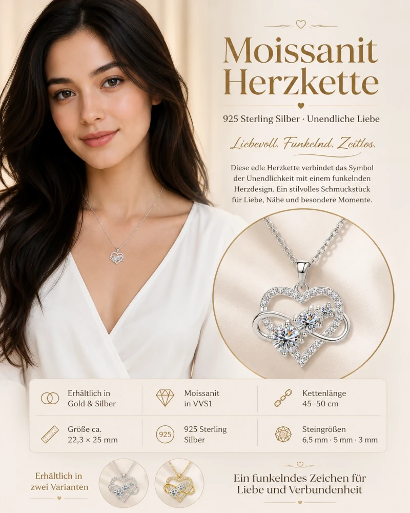 Moissanit Herzkette Unendlichkeit aus 925 Sterling Silber mit Produktdetails
