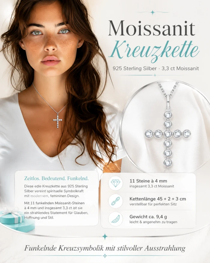 Moissanit Rundstein Kreuz Anhänger aus 925 Sterling Silber als getragenes Schmuckbeispiel