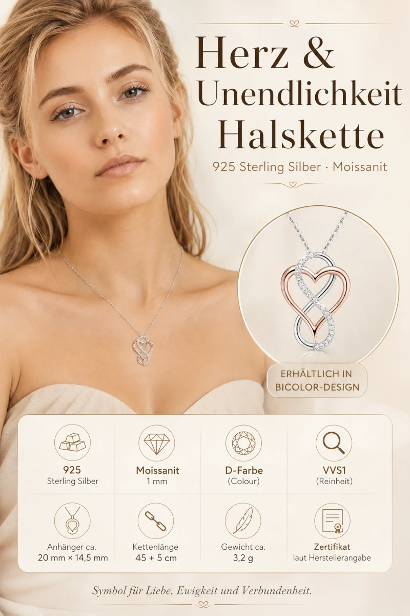 Herz Unendlichkeit Halskette aus 925 Sterling Silber mit Moissanit und Produktdetails