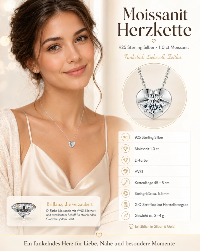 1 Karat Moissanit Halskette mit Herzanhänger aus 925 Sterling Silber und Produktdetails