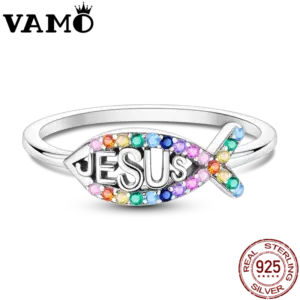 VAMO Jesus Fisch Ring Damen mit bunten Steinen