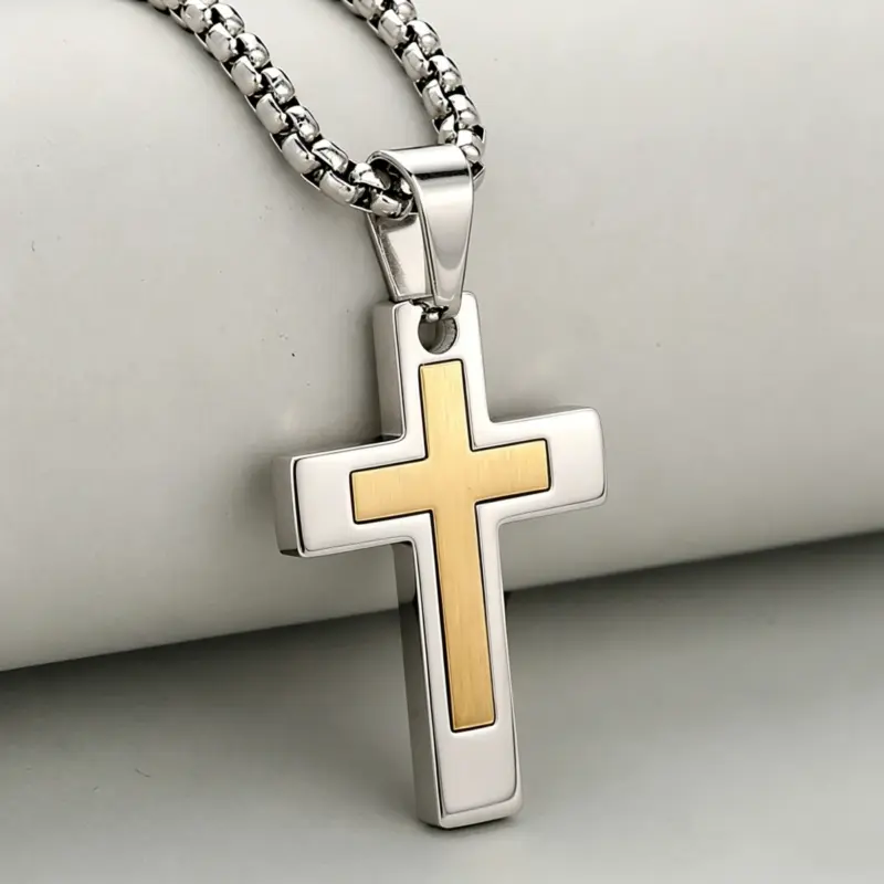 Kleine Kreuzkette für Herren aus Edelstahl – 60 cm, 6 Farben – Ausführung Silber-Gold, Länge 60 cm