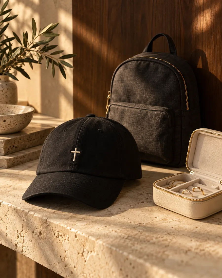 Illustration: Kreuz-Cap, Rucksack und Schmuckaufbewahrung auf hellem Stein