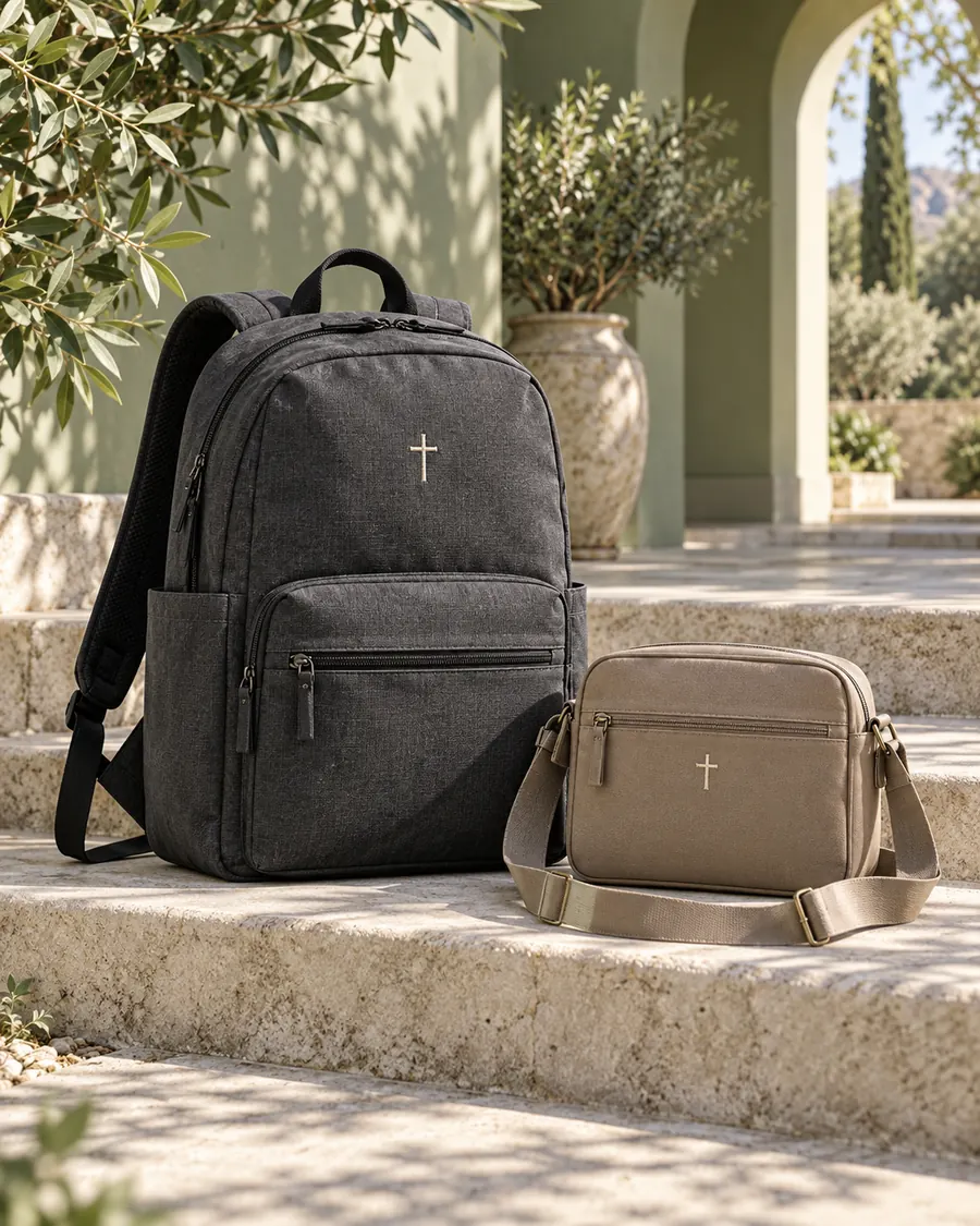 Illustration: Rucksack und Umhängetasche mit Kreuzmotiven im Morgenlicht