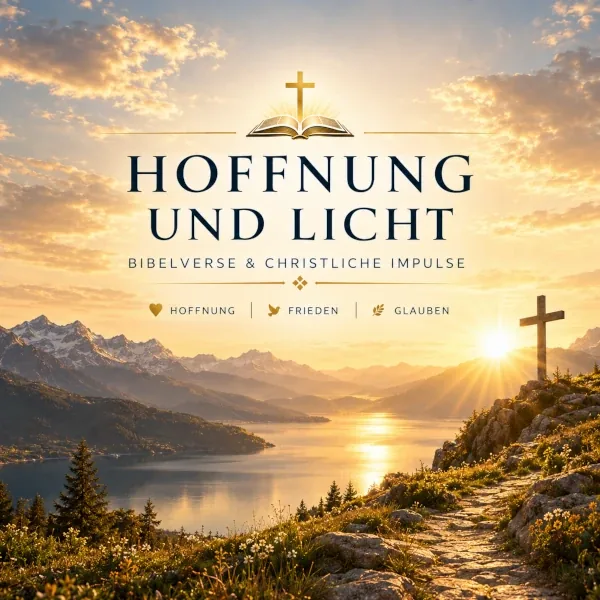 Hoffnung und Licht mit Bergsee, Sonnenaufgang und Kreuz