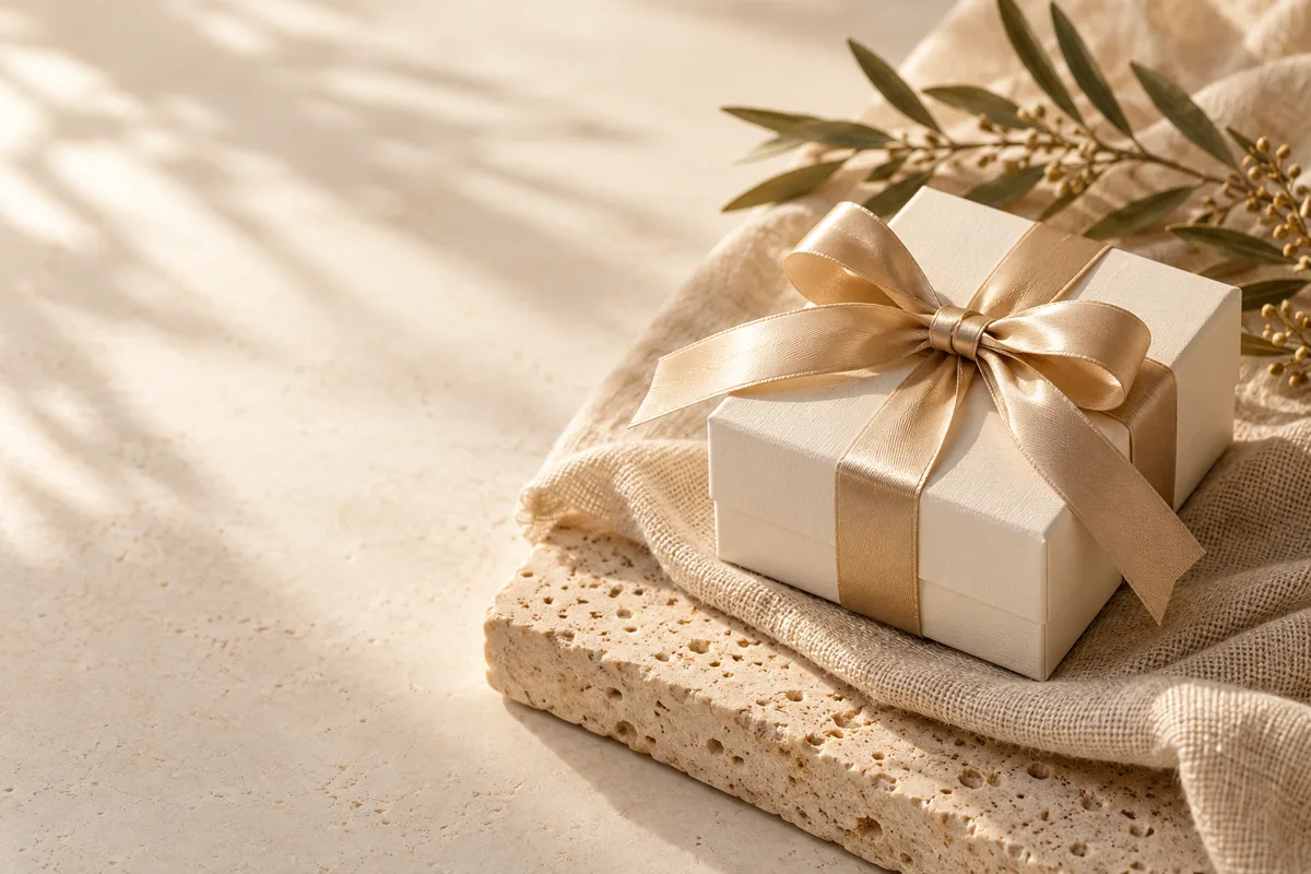 Dekoratives Geschenkmotiv mit goldener Schleife auf hellem Leinen