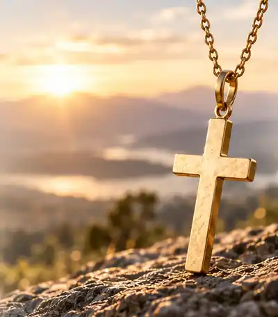 Goldfarbener Kreuzanhänger vor einer Landschaft im Morgenlicht – Symbolmotiv