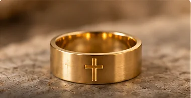 Goldfarbener Ring mit einem Kreuzmotiv auf einem Stein – Symbolmotiv
