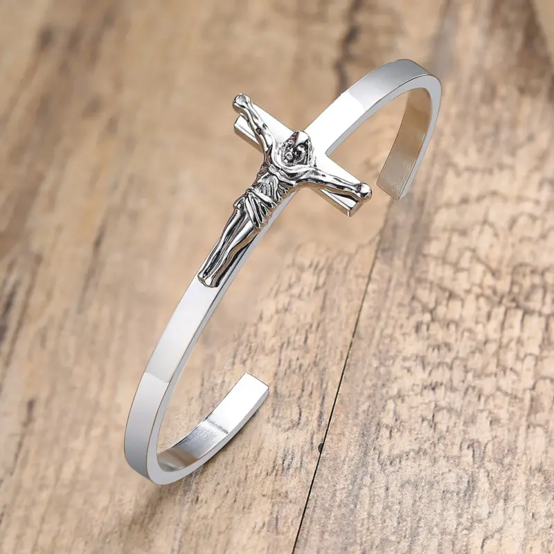 Kreuz Manschettenarmband für Herren aus Edelstahl