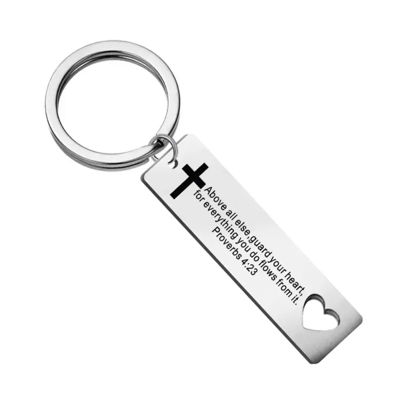 Schlüsselanhänger mit Kreuz und Herzöffnung – Sprüche 4,23 – Behüte dein Herz – englische Inschrift