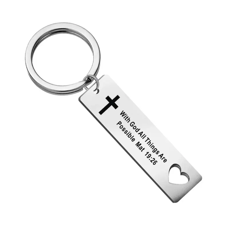Schlüsselanhänger mit Kreuz und Herzöffnung – Matthäus 19,26 – Mit Gott ist alles möglich – englische Inschrift