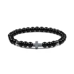 Perlenarmband mit Kreuz – 6 mm Schwarz glänzend