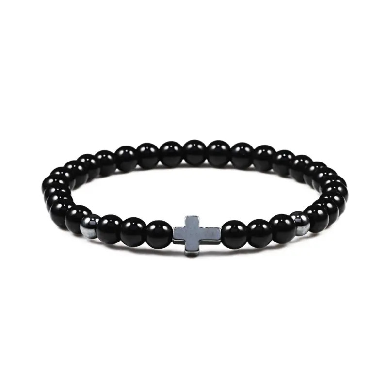 Perlenarmband mit Kreuz – 6 mm Schwarz glänzend