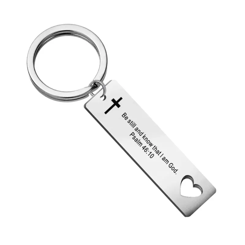 Schlüsselanhänger mit Kreuz und Herzöffnung – Psalm 46,10 – Sei still – englische Inschrift