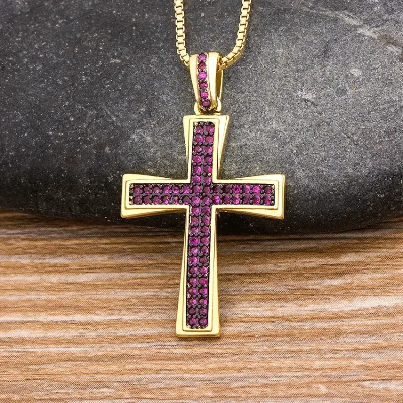 Christliche Kreuzkette mit buntem Zirkonia Besatz