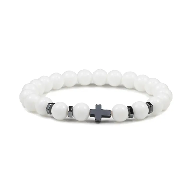 Perlenarmband mit Kreuz – 8 mm Weiß