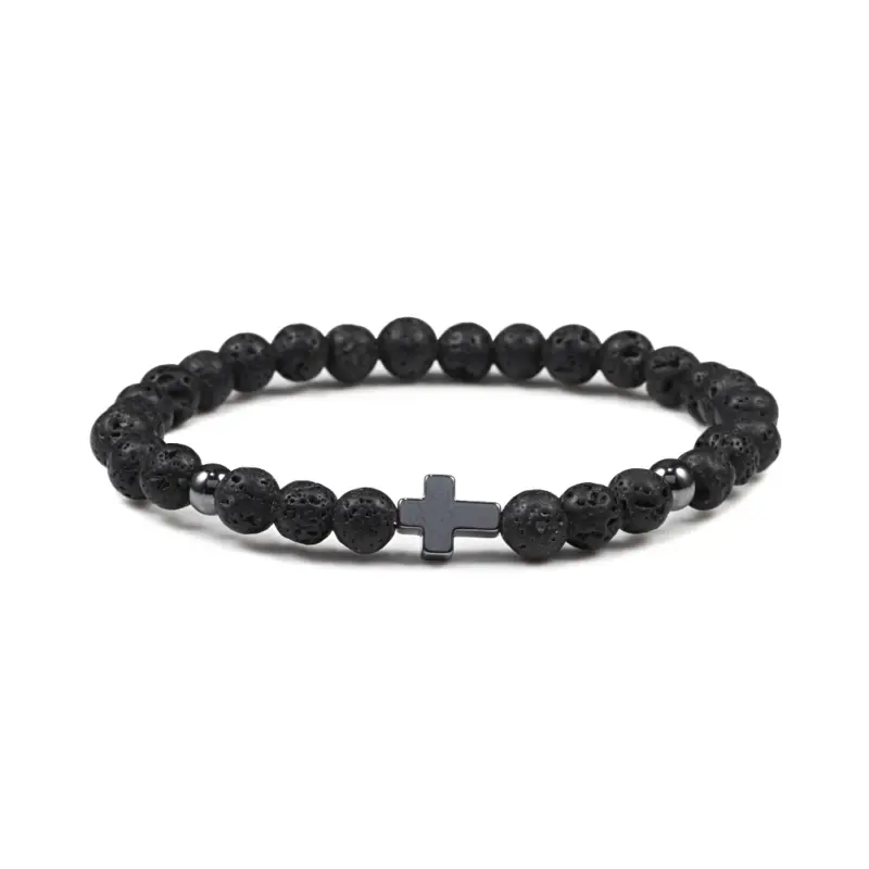 Perlenarmband mit Kreuz – 6 mm Lava schwarz
