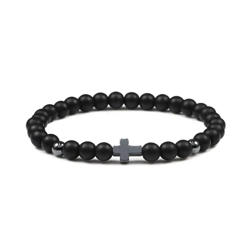 Perlenarmband mit Kreuz – 6 mm Schwarz matt
