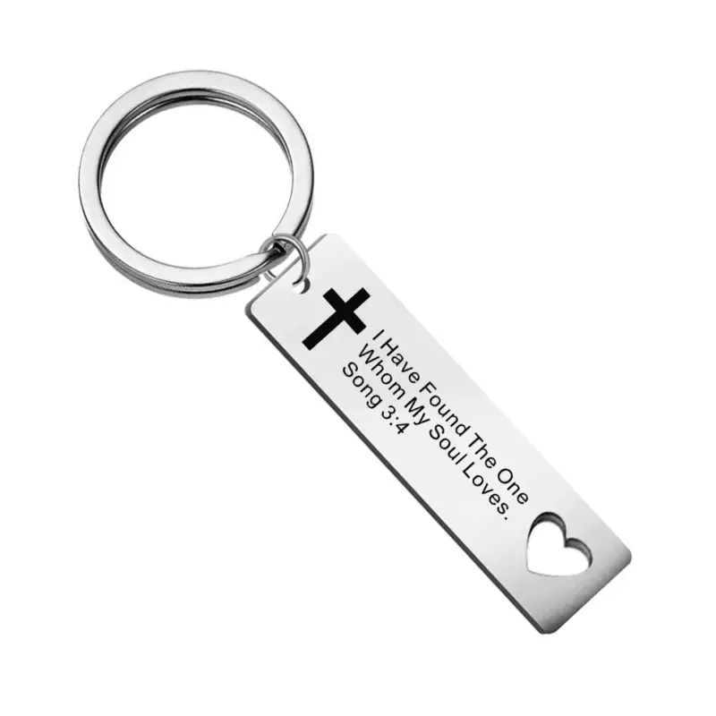Schlüsselanhänger mit Kreuz und Herzöffnung – Hohelied 3,4 – Meine Seele liebt – englische Inschrift