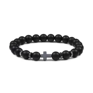 Perlenarmband mit Kreuz – 8 mm Schwarz matt