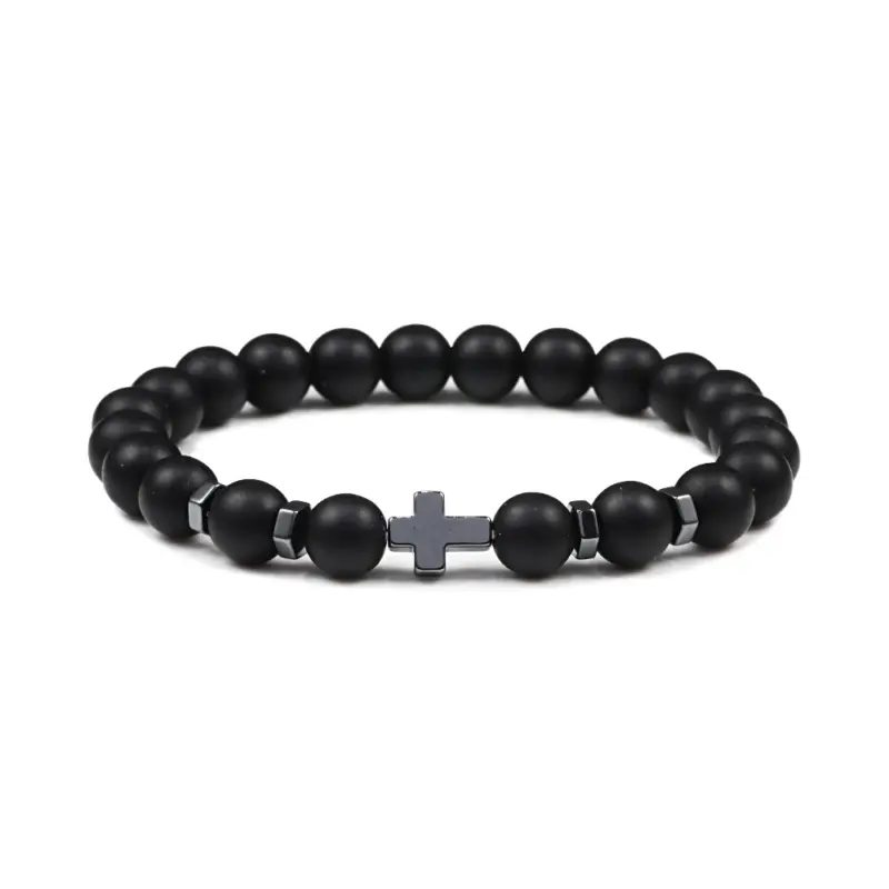 kf-Hb1708700561f48dd94745a63a4d592b6g Perlenarmband mit Kreuz – 8 mm Schwarz matt