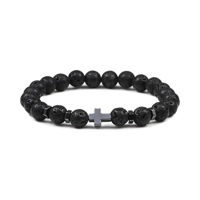 Perlenarmband mit Kreuz – 8 mm Lava schwarz