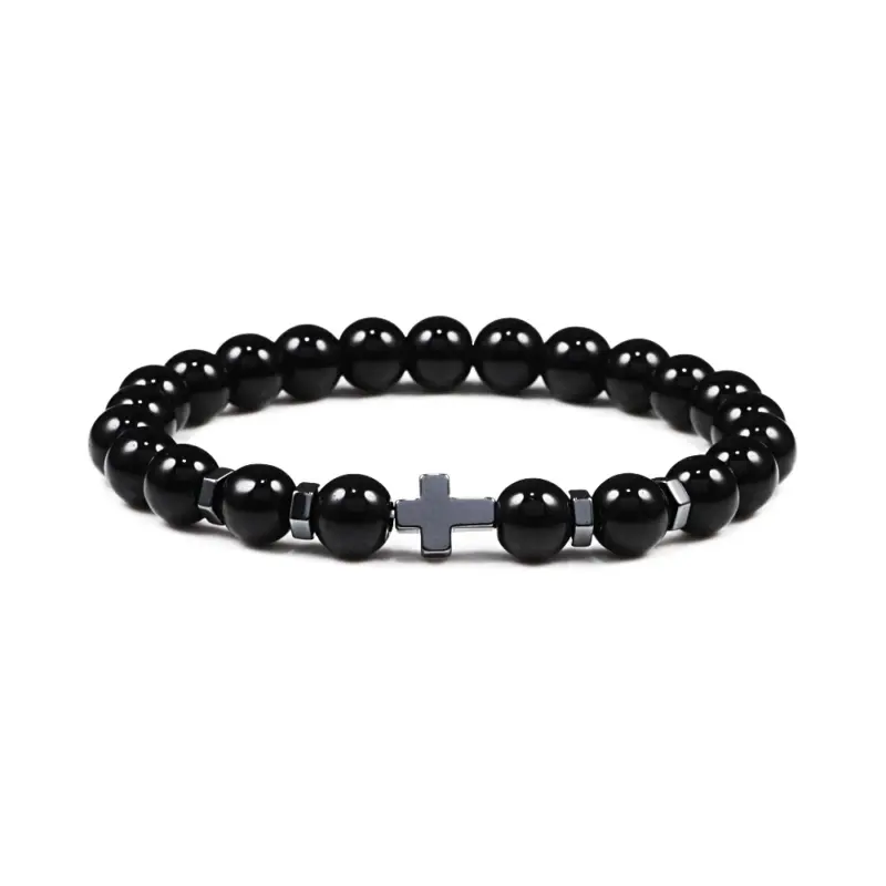 Perlenarmband mit Kreuz – 8 mm Schwarz glänzend