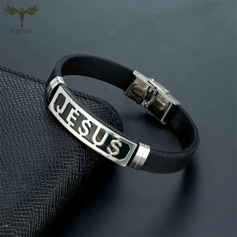 Christliches Silikonarmband mit Edelstahl – Detailansicht