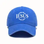Jesus Cap in Blau im Vintage-Look mit weißem Jesus-Schriftzug, Dornenkranz und „Way, Truth, Life“, Vorderansicht