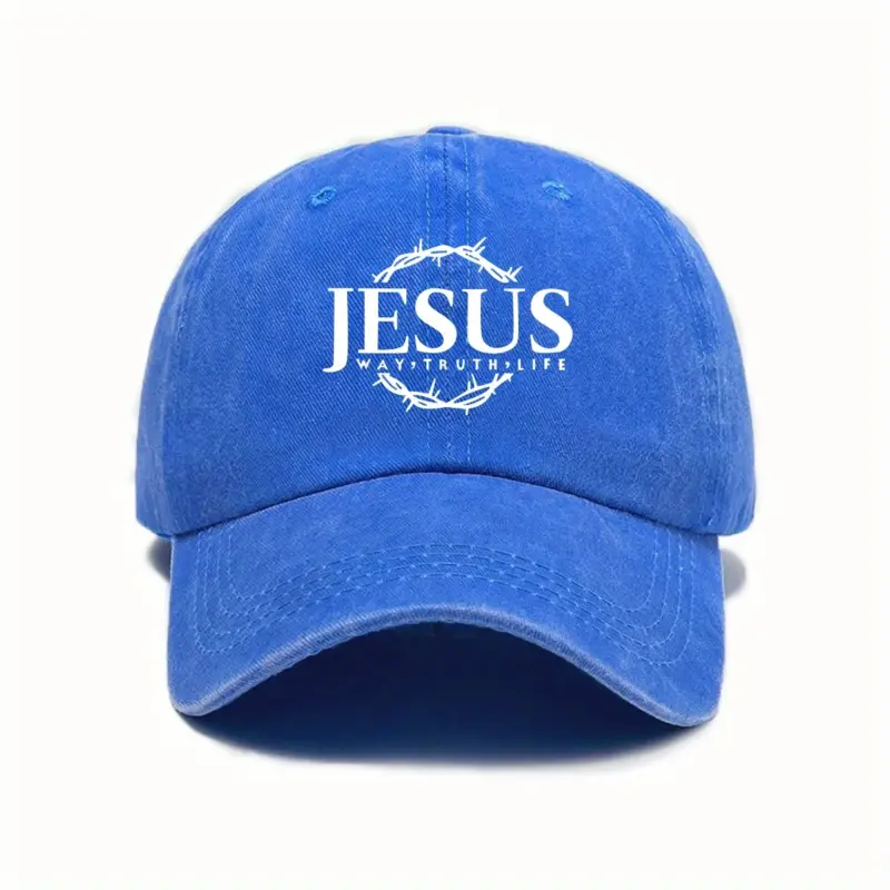 Jesus Cap in Blau im Vintage-Look mit weißem Jesus-Schriftzug, Dornenkranz und „Way, Truth, Life“, Vorderansicht