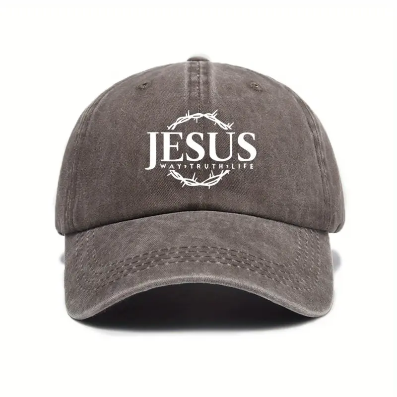 Jesus Cap in Kaffeebraun im Vintage-Look mit weißem Jesus-Schriftzug, Dornenkranz und „Way, Truth, Life“, Vorderansicht