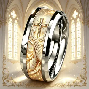 Vaterunser Ring mit betenden Händen, Kreuz und Flügelmotiv