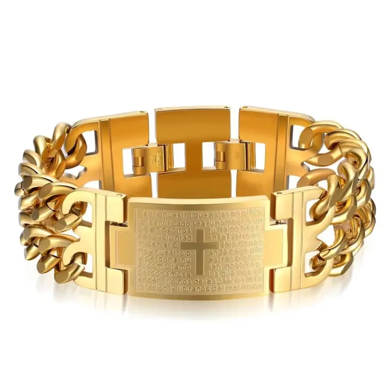 Goldfarbenes Panzerarmband mit Kreuz und spanischem Vaterunser