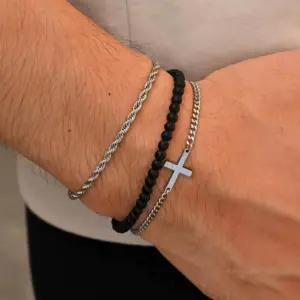 Kreuzarmband Herren 3er-Set aus Edelstahl – Silber Schwarz
