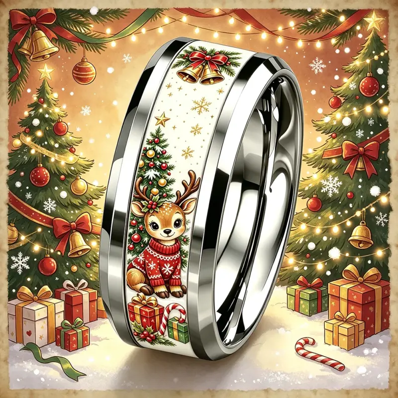 Weihnachtsring mit Rentier und Tannenbaum in festlicher Motivkulisse