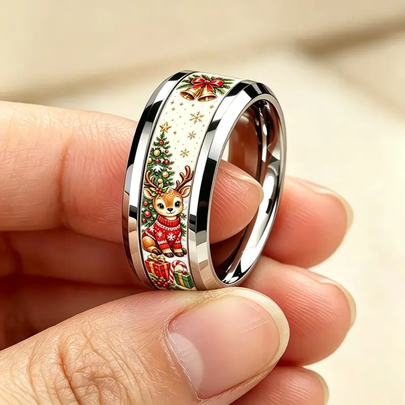 Weihnachtsring mit Rentier zwischen den Fingern gehalten