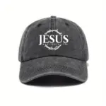 Jesus Cap in Schwarz im Vintage-Look mit weißem Jesus-Schriftzug, Dornenkranz und „Way, Truth, Life“, Vorderansicht