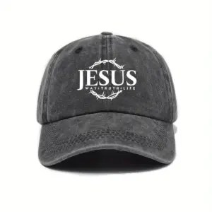 Jesus Cap in Schwarz im Vintage-Look mit weißem Jesus-Schriftzug, Dornenkranz und „Way, Truth, Life“, Vorderansicht