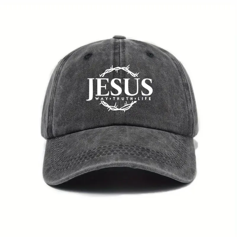 Jesus Cap in Schwarz im Vintage-Look mit weißem Jesus-Schriftzug, Dornenkranz und „Way, Truth, Life“, Vorderansicht