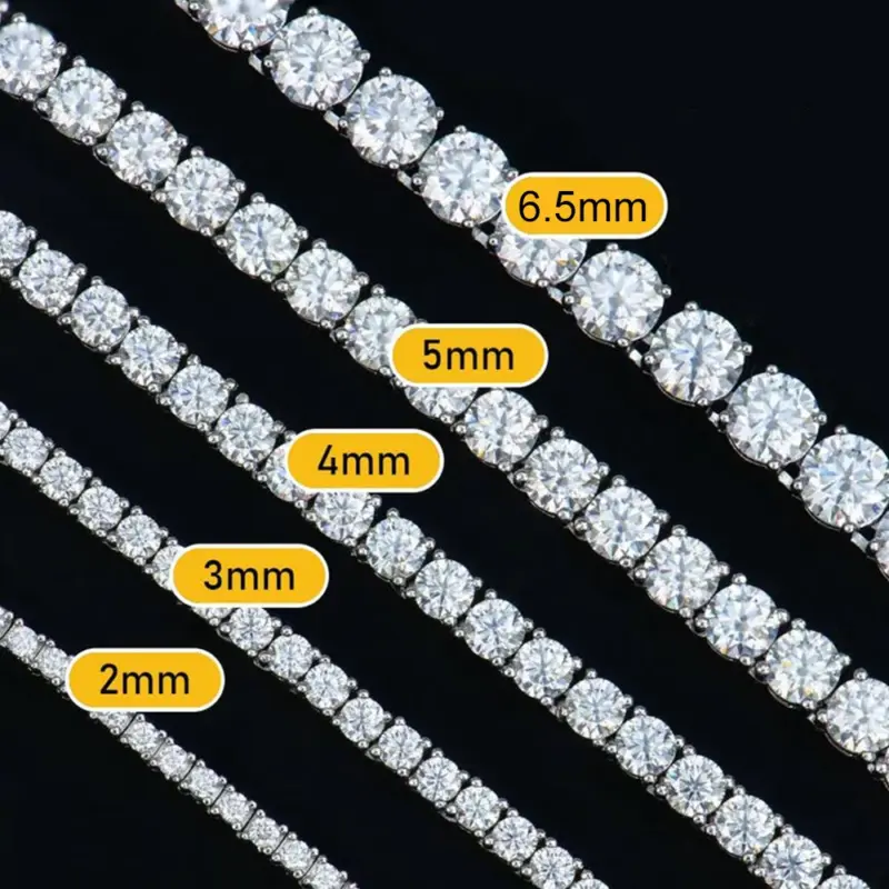 Steindurchmesser der Tenniskette im Vergleich: 2, 3, 4, 5 und 6,5 mm