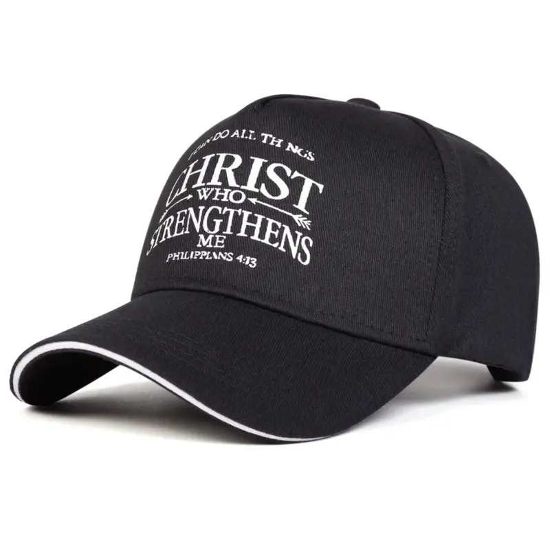 Schwarze christliche Baseballcap mit heller Schrift und Kontrastkante
