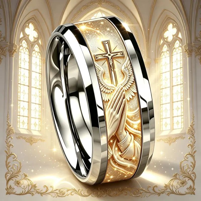 Christlicher Edelstahlring mit betenden Händen und Kreuz