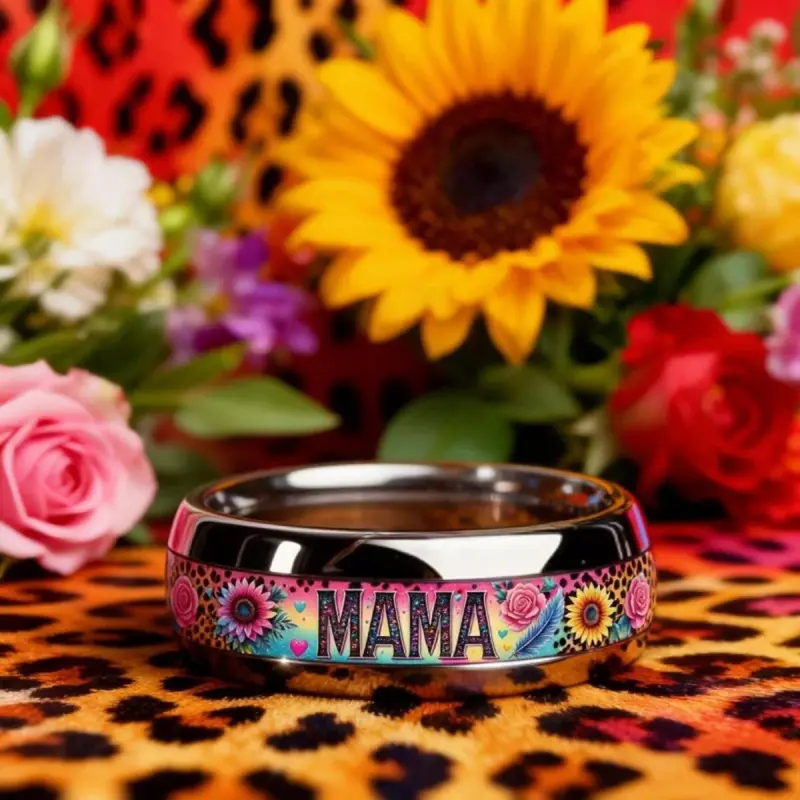 MAMA-Ring aus Edelstahl mit Sonnenblumen und Rosen, Einzelansicht von vorne