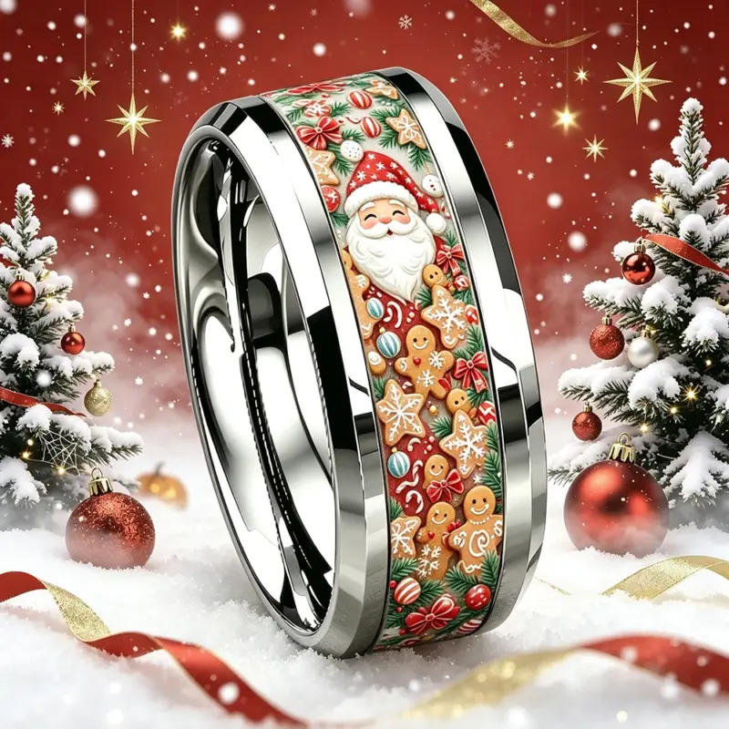 Weihnachtsring mit silberfarbenen Rändern, seitliche Ansicht vor Weihnachtsbäumen